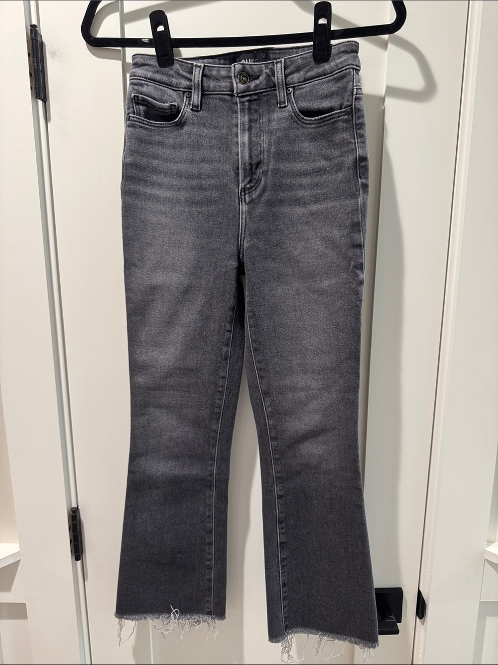 PAIGE Gray Cropped Flare Jeans with Raw Hem